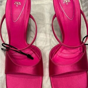 ZARA Fuchsia Satin Open-Toe Slingback Heels